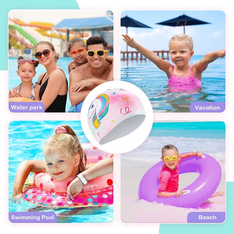 WAWSAM 2 Pack Kids Swim Cap Silicone Waterproof Swim Caps for Boys Girls (3-8 Years) Unicorn Mermaid Design Swimming Cap for Kids 3-8 Long and Short Hair - Image 4